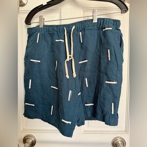 Men's Teal Drawstring Linen Shorts with White Embellishments